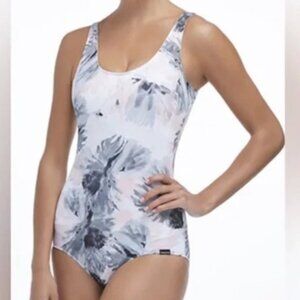 Fabletics Medium Floral Padded Bodysuit White Pink Grey Ashley Workout